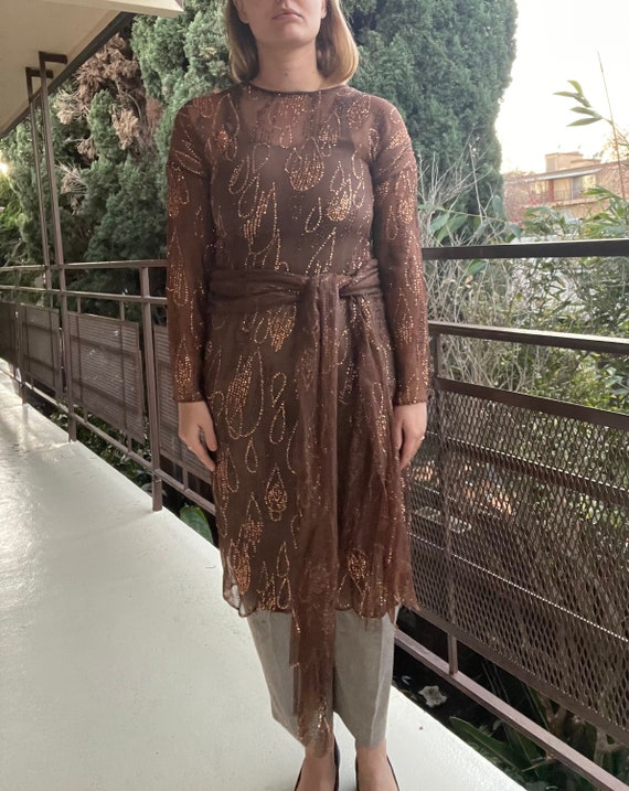 1960s Unlabeled Demi Couture Bead & Sequin Copper Silk Dress