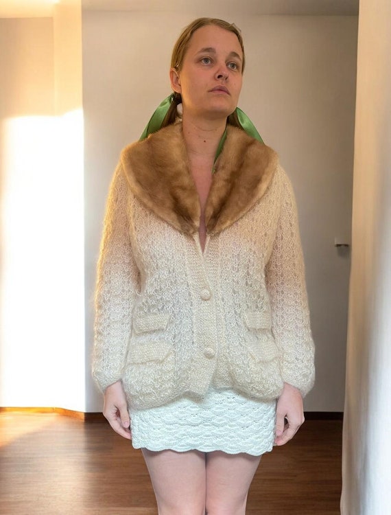 1950s Hand Knit Mohair Sweater in Green and Navy
