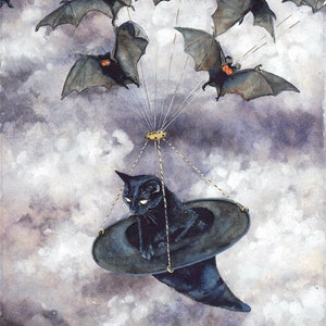 May include: Watercolor illustration of a black cat in a dark hat being carried by a group of bats against a cloudy sky. The bats have orange eyes and are attached to the hat with strings. A whimsical, fantasy-themed image.