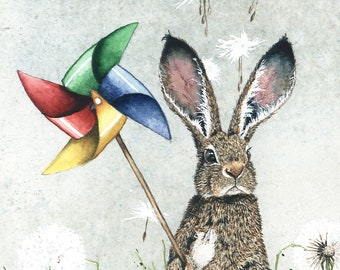 Tarjeta de felicitación, "Mina" de Maggie Vandewalle, 5" x 7" en blanco con sobre