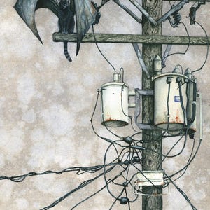 May include: Watercolor painting of a black cat with bat wings perched on a wooden utility pole. The pole has electrical transformers and tangled wires. The background is a muted, textured gray.