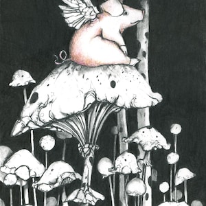 May include: A black and white ink illustration featuring a small, light pink pig with feathered wings sitting atop a large, detailed mushroom. The scene is surrounded by numerous smaller mushrooms of varying sizes against a dark background.
