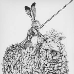 Grafittryck, "Sir Applestains nya rida var hans bekvämaste hittills." av Maggie Vandewalle, 20 x 25 cm passepartout för att passa en 28 x 36 cm ram.