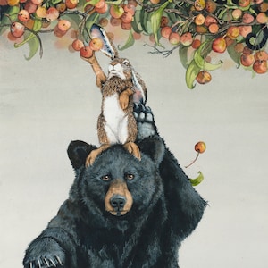 Impresión en acuarela, "Conejitos con porteadores" de Maggie Vandewalle, 20 x 25 cm, con paspartú para un marco de 28 x 35 cm