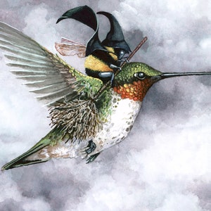 May include: A watercolor painting of a hummingbird with a bumblebee wearing a witch's hat riding on its back. The hummingbird is flying through the clouds.