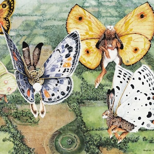 May include: A watercolor painting of five rabbits with butterfly wings. The rabbits are flying in a green field with a stone circle in the background. The butterflies are different colors and patterns.