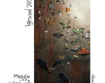 May include: A vertical rectangular print featuring a collection of various moths, butterflies, and beetles scattered across a textured, rust-colored background. Two dark bats are flying near the bottom. Text reads "hiinxed 2027", "Maggie Wandewalle", and "obsession".