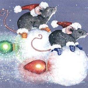 May include: Watercolor illustration of two gray mice wearing Santa hats and winter boots, perched on snowballs. The mice are surrounded by falling snow and Christmas lights, creating a festive winter scene.