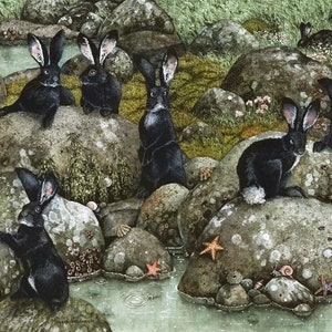 Carte de voeux « The Black Rabbits of Hy-Brasil » par Maggie Vandewalle, carte vierge de 5 x 7 pouces, enveloppe