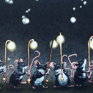 Tarjeta de felicitación, "Nightlights" de Maggie Vandewalle, tarjeta en blanco de 5" x 7", sobre