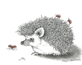 Original Graphite Drawing, Hedgehog and ladybugs