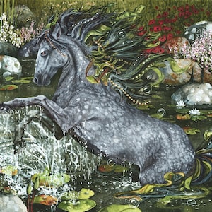 May include: Watercolor painting of a gray horse rearing in a pond. The horse has a flowing mane adorned with green leaves and gold accents. The pond is filled with lily pads, bubbles, and surrounded by rocks and flowers.