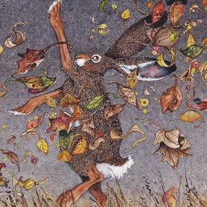 Aquarelwenskaart, "Happy Dance", een konijn dat danst in herfstbladeren (wordt geleverd met envelop)