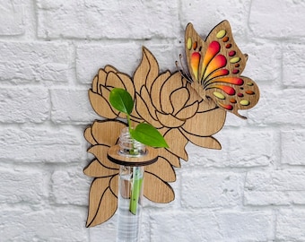 Hanging Plant Propagation Station, Gift for Plant Lover, Wall Vase for Plant Cuttings, Botanical Decor, Floral and Butterfly Wall Art