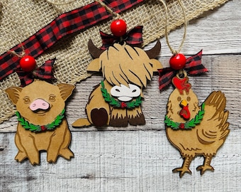 Farm Animal Ornament, Highland Cow, Pig, Chicken, Farmhouse Christmas Ornament, Gift for Farm Lover