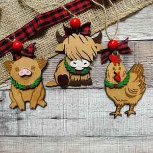 Farm Animal Ornament, Highland Cow, Pig, Chicken, Farmhouse Christmas Ornament, Gift for Farm Lover