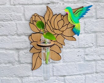 Gift for Plant Lover, Hanging Plant Propagation Station, Wall Vase for Plant Cuttings, Botanical Decor, Hummingbird Wall Art