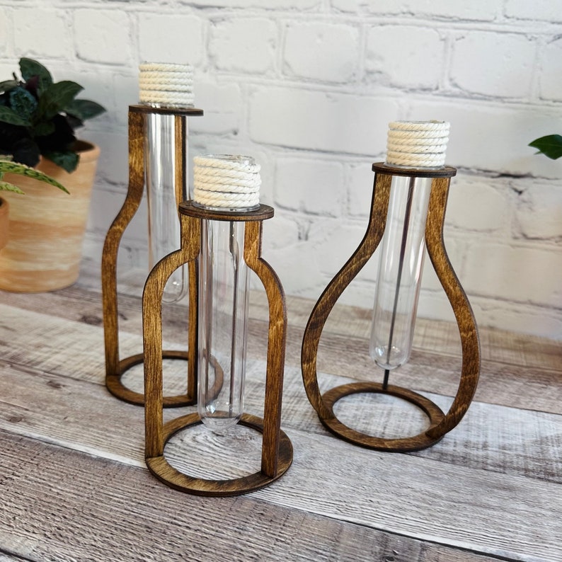 May include: Three wooden test tube holders with clear glass test tubes. The holders are in the shape of a bottle, a teardrop, and a circle. The holders are stained a dark brown color.