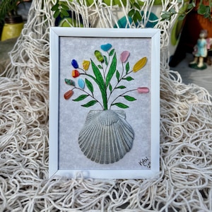 Blooming Shell - Framed Sea Glass and Shell Doodle Art