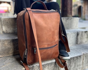 Genuine Leather Backpack|Personalised Gifts For Him|Cabin-sized Leather Travel Backpack|Leather Weekender|Overnight Travel Bag Gift For Men