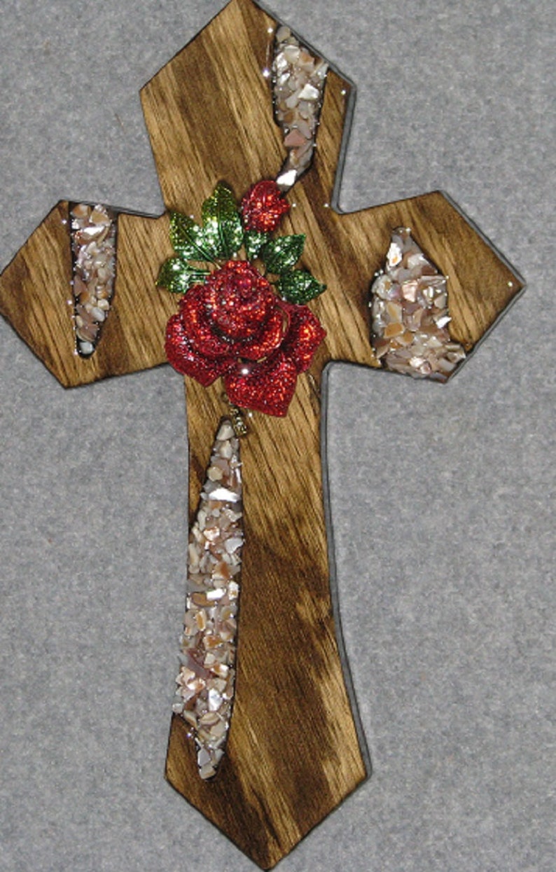Decorative Wall Cross Glitzy Rose Handmade Wooden Red One Of A Kind