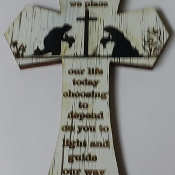 DECORATIVE WALL CROSS, cowgirl and cowboy praying, wooden, handmade