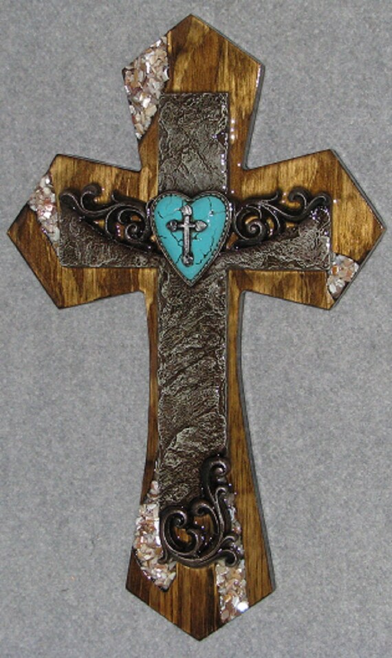 Decorative Wall Cross Stone W Turq Heart Handmade Crosses Etsy