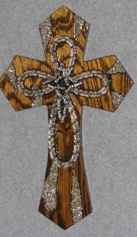 Decorative Wall Cross Motorcycle Chain Large Handmade Wooden One Of A Kind