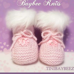 Pink Knitted Baby Booties-Faux Fur Baby Booties-Cute Handmade Baby Booties-Baby Shower Gift