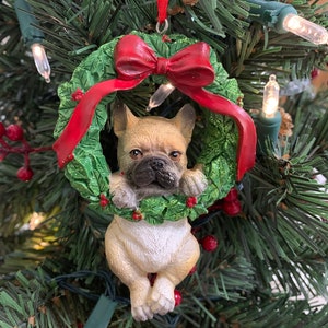 Resin Bulldog Puppy Hanging in a Christmas Wreath Ornament