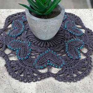 May include: A gray crocheted doily with turquoise beads around the edges. A small potted succulent plant sits on top of the doily.