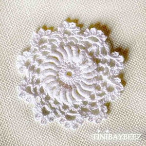 May include: White crocheted doily with a circular design. The doily has a delicate, lacy pattern and is perfect for adding a touch of elegance to any home decor.