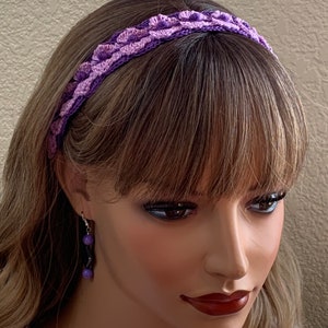 Crochet Headband with Elastic- Purple/Lavender Hairband with optional purple dangle Earrings