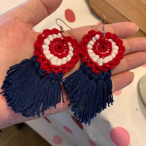 Red, white and blue Crochet Earrings With Blue Tassel-Patriotic Earrings, 4th of July Earrings