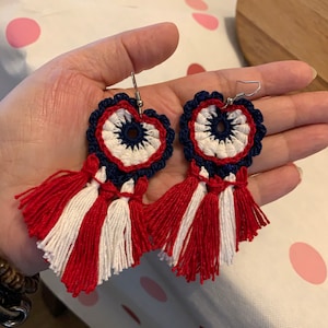 Red, white and blue Crochet Earrings With Red and White Tassels-Patriotic Earrings, 4th of July Earrings