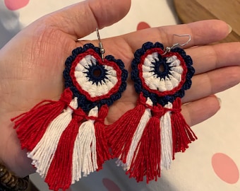 Red, white and blue Crochet Earrings With Red and White Tassels-Patriotic Earrings, 4th of July Earrings