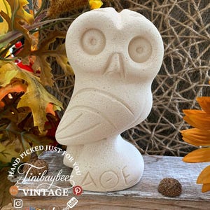 Greek Owl Sculpture – Heavy Cast Stone Figurine – Athena Symbol with ΑΘΕ – Wisdom Decor – 5 Inch