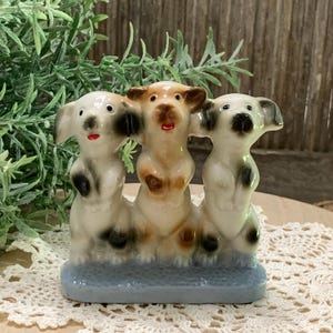 Vintage Ceramic Dog Trio Figurine - Hand Painted Japan Decor - Mid Century Collectible