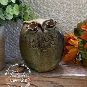 Studio Pottery Owl Figurine - Speckled Green Brown Ceramic 3.5” Tall