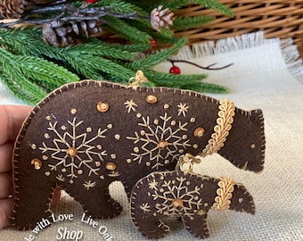 Embroidered Brown Bear and Cub Ornament Set - Felt Ornaments - Log Cabin Decor