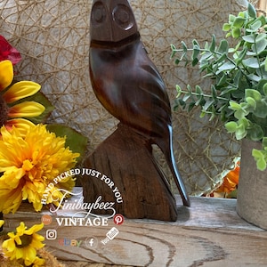 Solid Wood Hand Carved Owl Sculpture – 8.75” Tall – Rustic Folk Art Decor