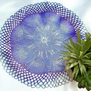 14” Round Crocheted Blue/Purple Doily- Hand Dyed- One Of A Kind Doily