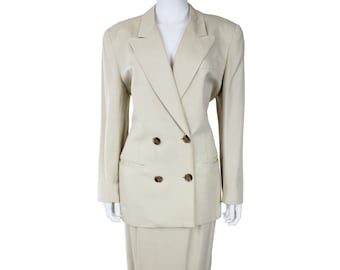 Vintage 80s 90s Christian Dior Women's Double Breasted Cream 2 Piece Blazer Skirt Suit sz 12