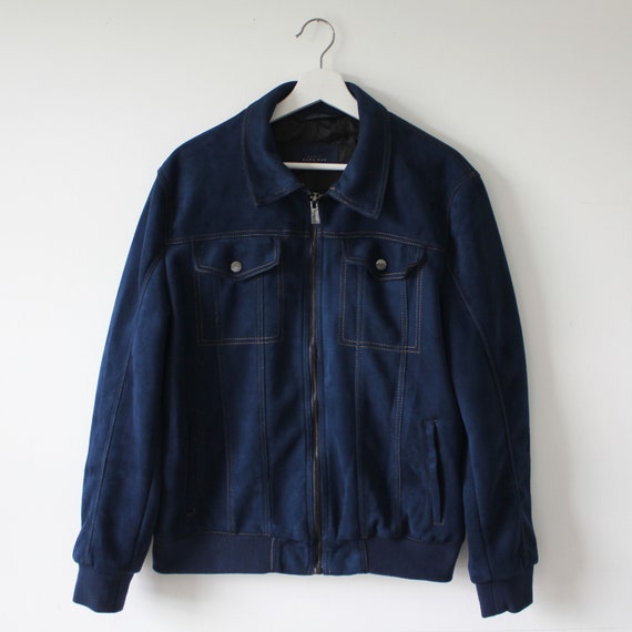 Zara Mens Navy Blue Faux Suede Zip Front Bomber Jacket Sz M