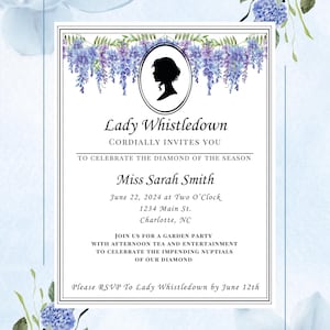 Bridgerton Tea Party Einladung - Nachmittagstee Menü - Brautduschen Spiele - Lady Whistledown Party - Wisteria Bridgerton Set