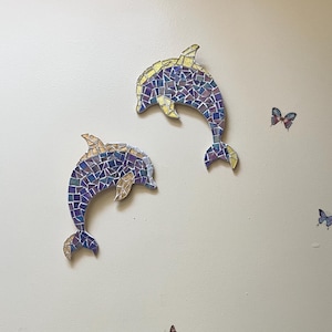 2 Variations Stained Glass Dolphin, Dolphin, Iridescent, Tropical Wall Mosaic, Child&#39;s Room, Gift, Blue Wall Mosaic, Wall Decor