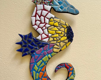 Handgefertigte Perlen Seapferd Mosaik, Tropische Küstenwandkunst