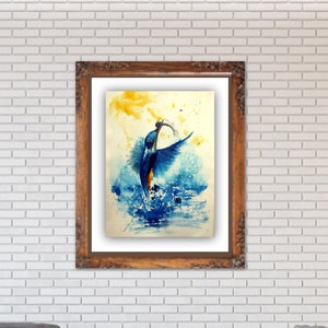 Kunst Eisvogel, 30 x 42 cm Original Aquarell, Ornithologie, Liebhaberstück, Einzelstück, Natur, Wasser und Wald, Blau, Gelb, Malen