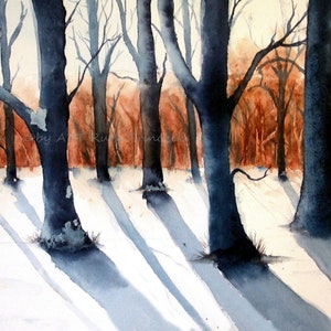 Foresta invernale, arte, acquerello originale, 30 x 40 cm, unico, dipinto a mano, regalo ideale per la famiglia, prodotto in modo sostenibile e a impatto climatico zero