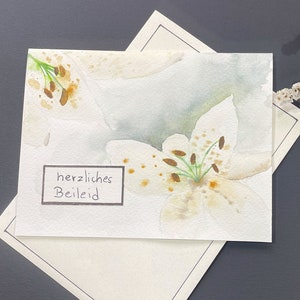 Biglietto di condoglianze fiore, giglio "sentite condoglianze", DIN C6, verde, bianco, biglietto di condoglianze, incl. busta, opera d'arte originale, acquerello, nessuna stampa